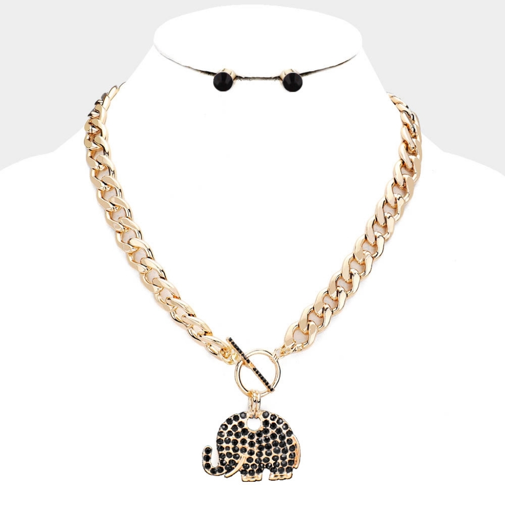 Black Elephant Pendant Charm Necklace Statement Crystal Rhinestone Link Chain